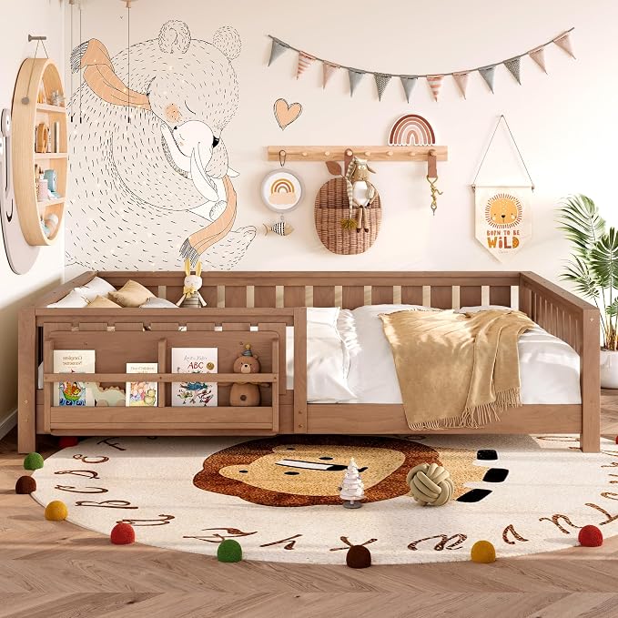 Bellemave Queen Size Floor Bed with Slats and Guardrails, Queen Size Montessori Floor Bed with Bookcase and Fence, Low Profile Montessori Beds for Kids, Natural Floor Beds Frame