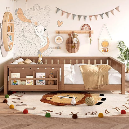 Bellemave Queen Size Floor Bed with Slats and Guardrails, Queen Size Montessori Floor Bed with Bookcase and Fence, Low Profile Montessori Beds for Kids, Natural Floor Beds Frame