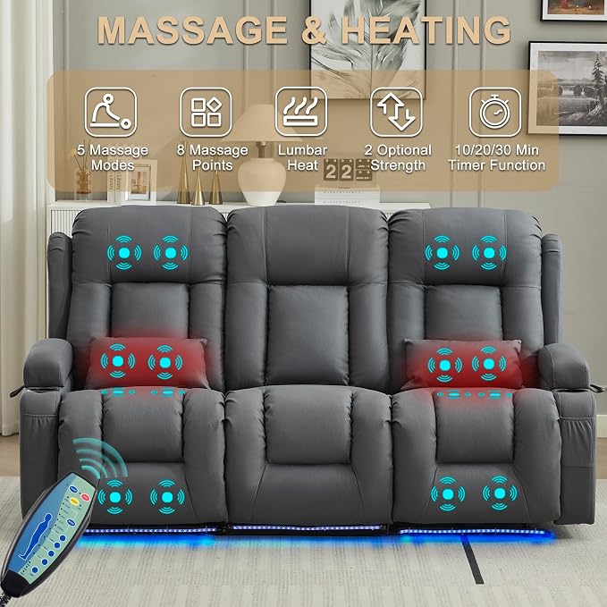 URRED Power Loveseat Recliner Sofa with Massage and Heat, Wall Hugger Reclining Loveseat with Console, RV Couch Home Theater Seating with LED Lights for Living Room (Blue Grey, 76.8" - 3 Seats)