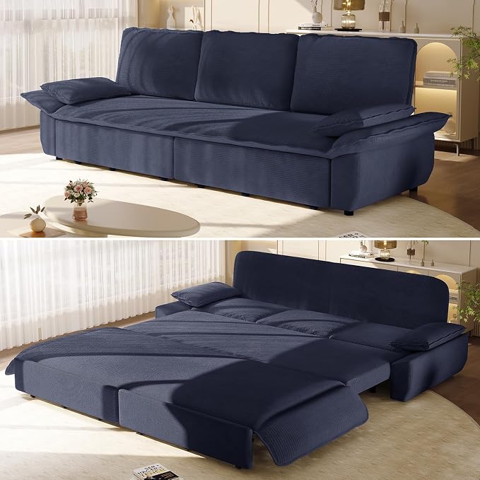 94.5'' Sleeper Sofa Bed King Size, Modern Corduroy Pull Out Couch, 3-in-1 Convertible Futon Sofa, 3 Seater Couches, Cloud Recliner, Pillow Arm, for Living Room, Apartment, Offices, Dark Blue