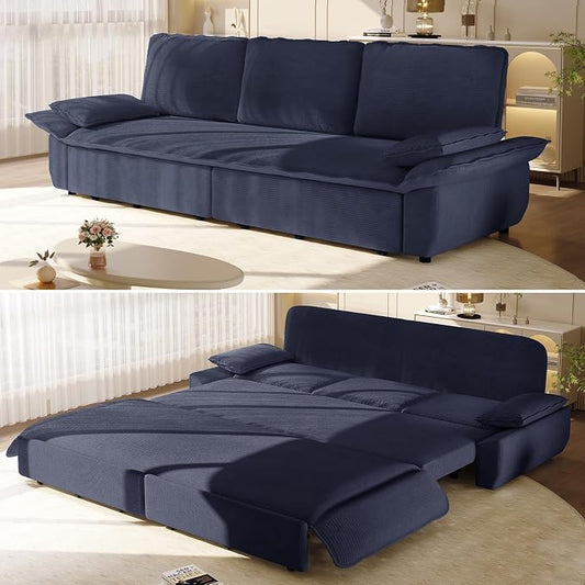 94.5'' Sleeper Sofa Bed King Size, Modern Corduroy Pull Out Couch, 3-in-1 Convertible Futon Sofa, 3 Seater Couches, Cloud Recliner, Pillow Arm, for Living Room, Apartment, Offices, Dark Blue