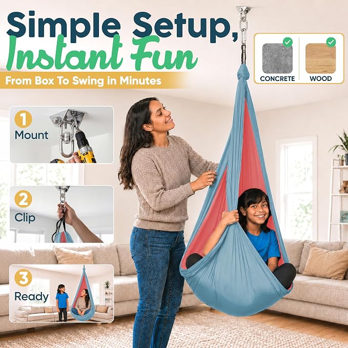 Sensory Swing for Kids Indoor Outdoor - Calming Cocoon Therapy Swing, Holds 300lbs - Hug-Like Sensory Hammock with 360° Swivel Hardware for Autism, ADHD, SPD Support