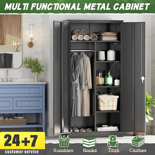 Greenvelly Metal Wardrobe Closet with Doors and Shelves,72" Black Armoire Wardrobe Closet for Hanging Clothes for Office, Home, School, Employee,Gym