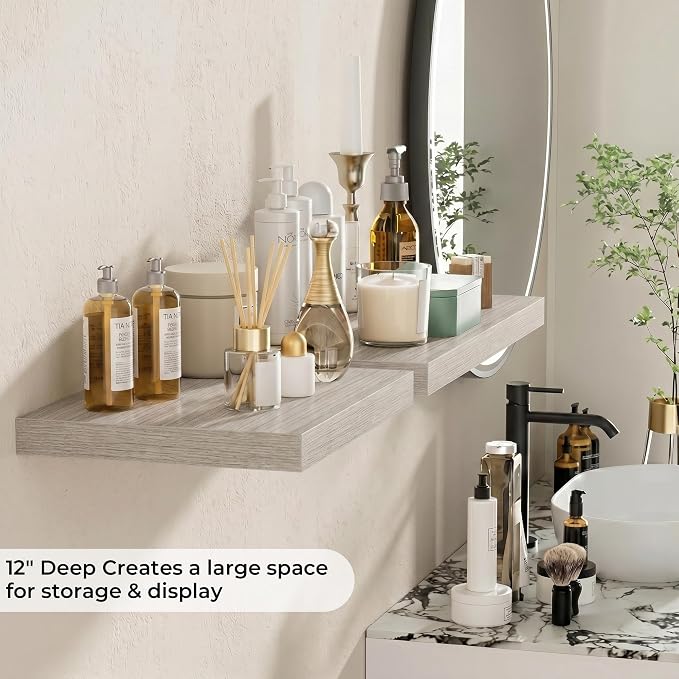 Fun Memories Floating Shelves - 2 Pack 12 Inch Deep Rustic Wooden Wall Shelves - Extra Deeper & Thicker Wall Mounted Storage Shelf for Living Room, Kitchen, Farmhouse - 16" W x 12" D x 1.5" H - Grey