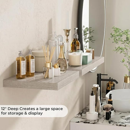 Fun Memories Floating Shelves - 2 Pack 12 Inch Deep Rustic Wooden Wall Shelves - Extra Deeper & Thicker Wall Mounted Storage Shelf for Living Room, Kitchen, Farmhouse - 16" W x 12" D x 1.5" H - Grey