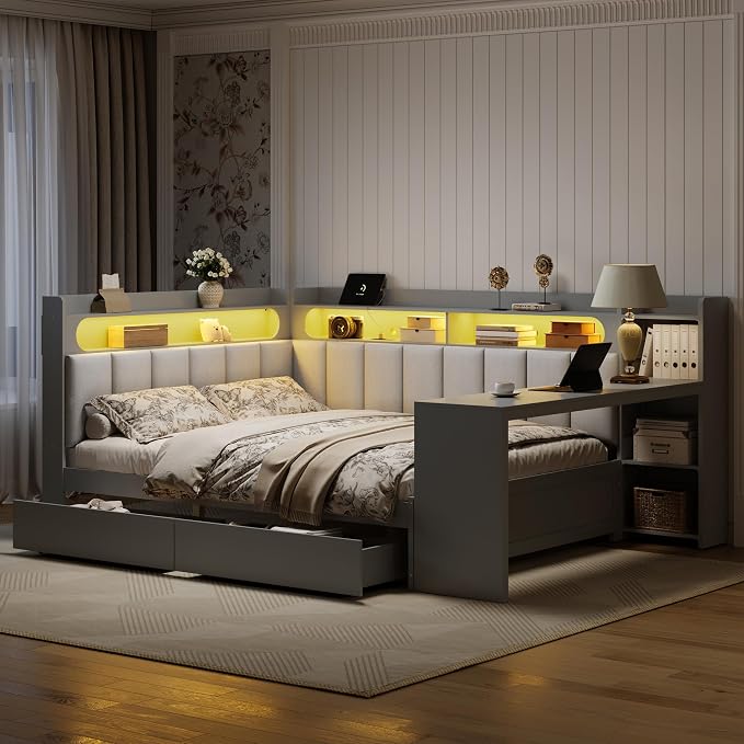 Bellemave Full Size Upholstered Daybed with Desk and Drawers and USB/LED Belt, Corner Bed with Trundle, L-Shape daybed for Bedroom Living Room, Gray（Linen）