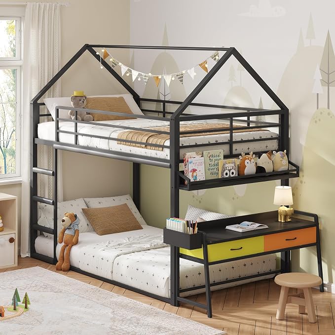 DICTAC Twin Over Twin Low Bunk Bed with Desk and Drawers, Black | Metal House Shaped Low Bunk Bed, 2 Storage Drawers, Bookshelf and Side Pocket, Floor Bunk Bed with 13.4''H Safety Guardrail