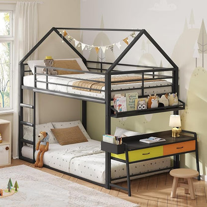 DICTAC Twin Over Twin Low Bunk Bed with Desk and Drawers, Black | Metal House Shaped Low Bunk Bed, 2 Storage Drawers, Bookshelf and Side Pocket, Floor Bunk Bed with 13.4''H Safety Guardrail