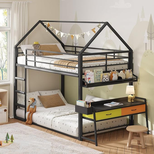 DICTAC Twin Over Twin Low Bunk Bed with Desk and Drawers, Black | Metal House Shaped Low Bunk Bed, 2 Storage Drawers, Bookshelf and Side Pocket, Floor Bunk Bed with 13.4''H Safety Guardrail