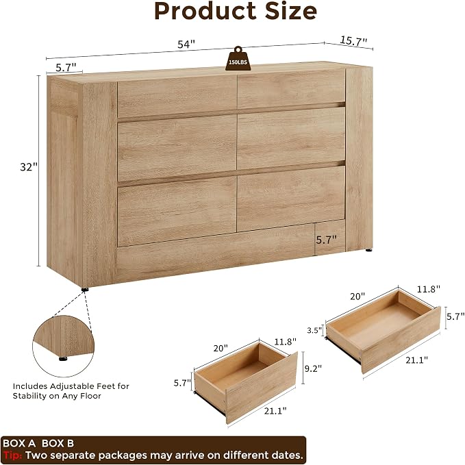 OKD 6 Drawer Dresser for Bedroom, 54" Wide Chest of Drawers with Thick Wood Design, Handleless, Modern Bedroom Dresser, Storage Organizer for Living Room/Entryway/Hallway, Natural Oak
