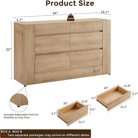 OKD 6 Drawer Dresser for Bedroom, 54" Wide Chest of Drawers with Thick Wood Design, Handleless, Modern Bedroom Dresser, Storage Organizer for Living Room/Entryway/Hallway, Natural Oak