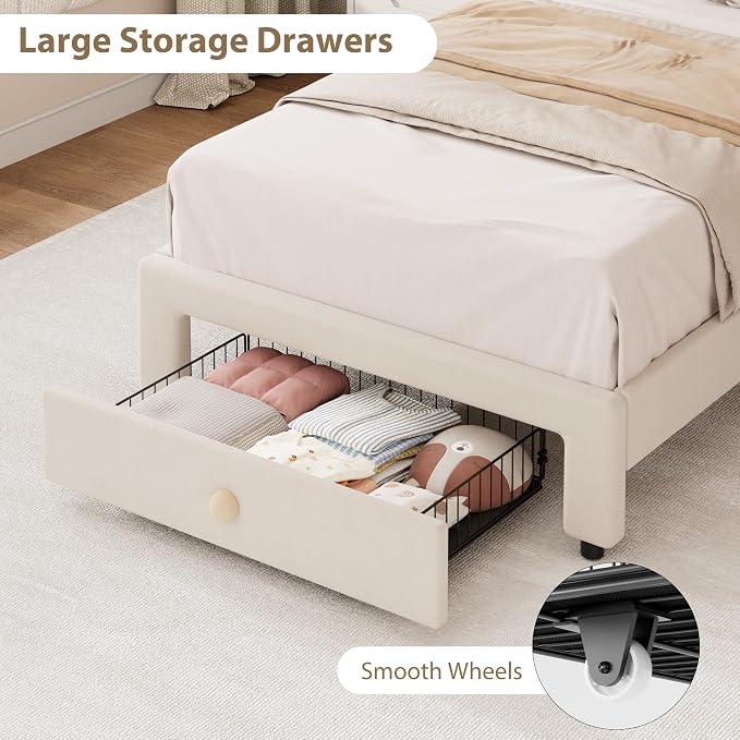 Garvee Twin Bed Frame with Storage, Upholstered LED Bed Frame with Headboard, Cute Velvet Platform Bed Frame for Kids, Girls, Solids Wood Slats Support, No Box Spring Needed, Easy Assembly, White