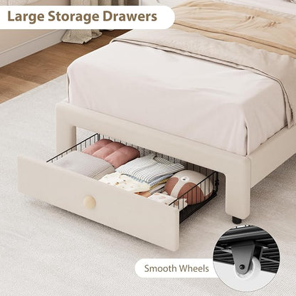 Garvee Twin Bed Frame with Storage, Upholstered LED Bed Frame with Headboard, Cute Velvet Platform Bed Frame for Kids, Girls, Solids Wood Slats Support, No Box Spring Needed, Easy Assembly, White