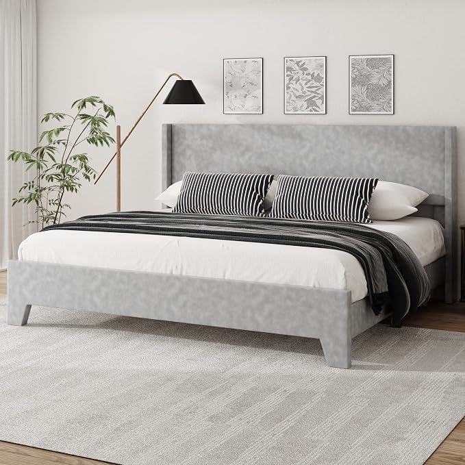 King Bed Frame with Faux Leather Upholstered Headboard, Wear-Resistant, Easy Clean, Mattress Foundation, No Box Spring Required, Easy Assembly, Grey