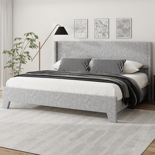 King Bed Frame with Faux Leather Upholstered Headboard, Wear-Resistant, Easy Clean, Mattress Foundation, No Box Spring Required, Easy Assembly, Grey