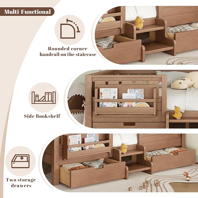 Bellemave Queen Size Kids Montessori Bed with Stairs and Bookshelf,Solid Wood Queen Size Kids Bed Frame with Drawers and Storage for Girls Boys,Low-Profile,Natural