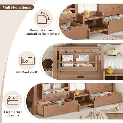 Bellemave Queen Size Kids Montessori Bed with Stairs and Bookshelf,Solid Wood Queen Size Kids Bed Frame with Drawers and Storage for Girls Boys,Low-Profile,Natural