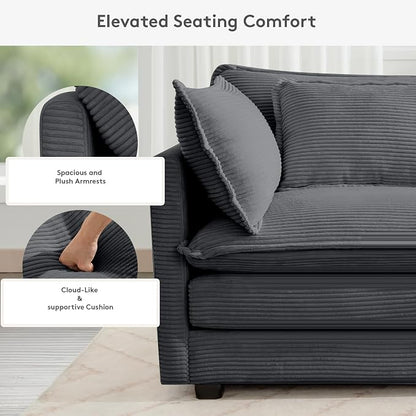 ROWHY 113'' Modular Sectional Cloud Corner Couch, 5 Seater L Shape Sofa Big Comfy Corduroy Oversized Couch with 2 Pillows Movable Ottoman, Deep Seat Sectional Couches for Living Room Office Dark Grey
