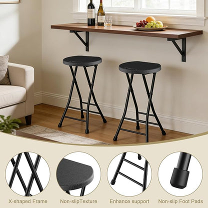 24 Inch Folding Stool Set of 2, Portable Folding Stool with Handle & Non-Slip Feet, Sturdy 440lbs Capacity Folding Bar Stool for Kitchen, Camping, Fishing, Black