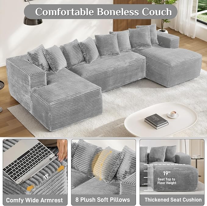 131" Oversized U Shaped Cloud Sectional Couches for Living Room, Comfy Fluffy Corduroy Grey Boneless Sectionals Couch, Plush Memory Foam Modular Sectional Sofa with Chaise- 19" Seat Height