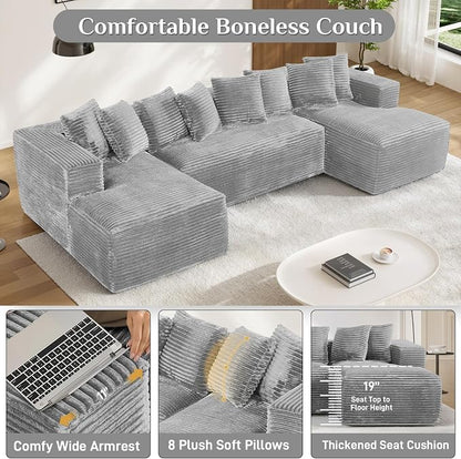 131" Oversized U Shaped Cloud Sectional Couches for Living Room, Comfy Fluffy Corduroy Grey Boneless Sectionals Couch, Plush Memory Foam Modular Sectional Sofa with Chaise- 19" Seat Height