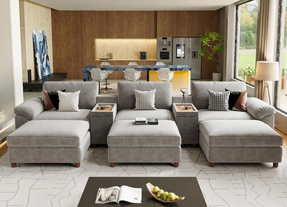 SITJOY Large Cloud Couch, 146" Wide 3 Seater Bed with Console, Light Gray | Detachable and Washable Chenille Cover Sectional Sofas for Living Room, Deep Seat Wide Couch with Chaise, Storage Ottoman