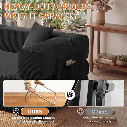 78.8" Convertible Sofa Bed with Armrest Pillow, 4-in-1 Sleeper Couch Bed for Livingroom, Modular Corduroy Boneless couches, No Assembly (Black)