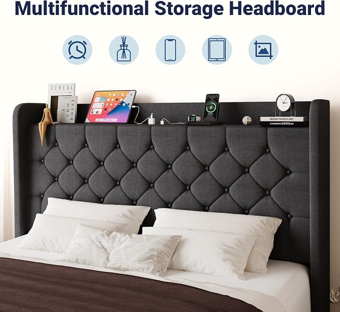 Allewie Full Size Bed Frame, Storage Headboard with Charging Station, Wingback Linen Upholstered, Diamond Stitched Button Tufted, Sturdy Wooden Slats, No Box Spring Needed, Easy Assembly, Dark Grey