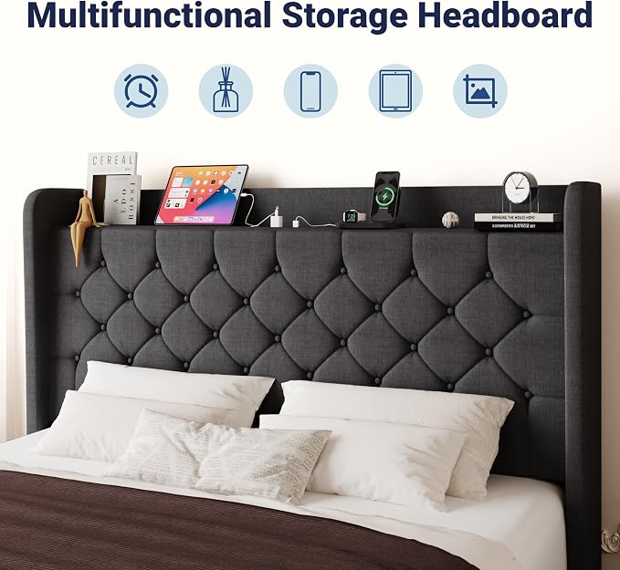 Allewie King Size Bed Frame, Storage Headboard with Charging Station,Wingback Linen Upholstered, Diamond Stitched Button Tufted, Sturdy Wooden Slats, No Box Spring Needed, Easy Assembly, Dark Gray