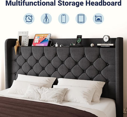 Allewie King Size Bed Frame, Storage Headboard with Charging Station,Wingback Linen Upholstered, Diamond Stitched Button Tufted, Sturdy Wooden Slats, No Box Spring Needed, Easy Assembly, Dark Gray