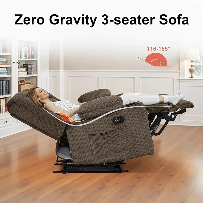 MCombo Zero Gravity Power Reclining Sofa with Heat and Vibration Massage, 3 Seater Reclining Couch with USB Ports, Cup Holders for Living Room, Fabric PR648SET (Dark Brown)