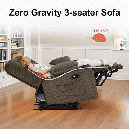 MCombo Zero Gravity Power Reclining Sofa with Heat and Vibration Massage, 3 Seater Reclining Couch with USB Ports, Cup Holders for Living Room, Fabric PR648SET (Dark Brown)