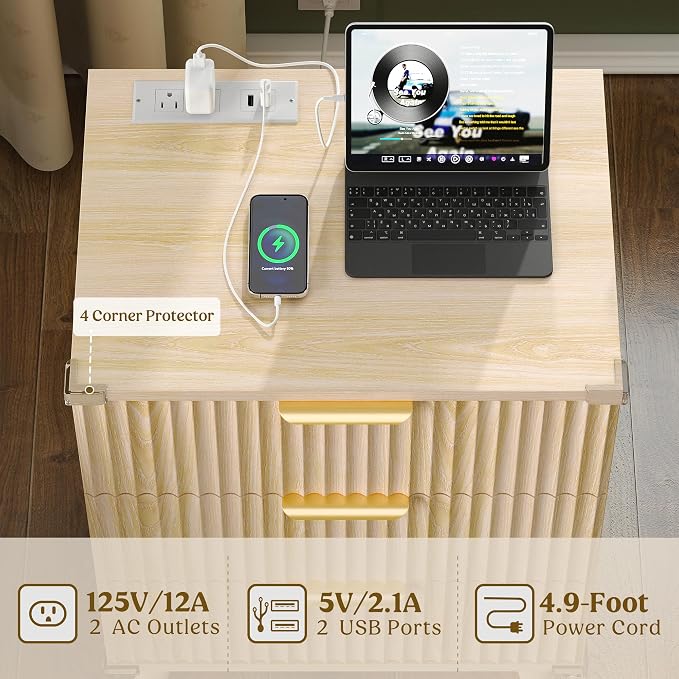 Lulive Wood 3 Drawers Dresser Fluted Night Stand with Charging Station, Storage Nightstand Modern Side Table, Bedside Table for Bedroom, Entryway Natural