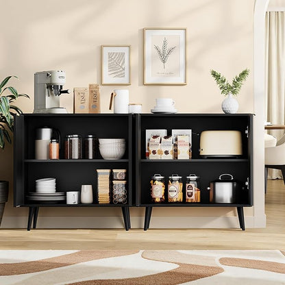 Set of 2 Fluted Storage Cabinet, Buffet Cabinet with Storage, Wood Sideboard with Adjustable Shelf, Modern Accent Cabinet & Console Table for Entryway, Living Room, Dining Room, Black