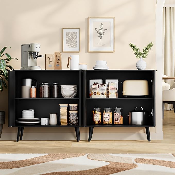 Set of 4 Fluted Storage Cabinet, Buffet Cabinet with Storage, Wood Sideboard with Adjustable Shelf, Modern Accent Cabinet & Console Table for Entryway, Living Room, Dining Room, Black