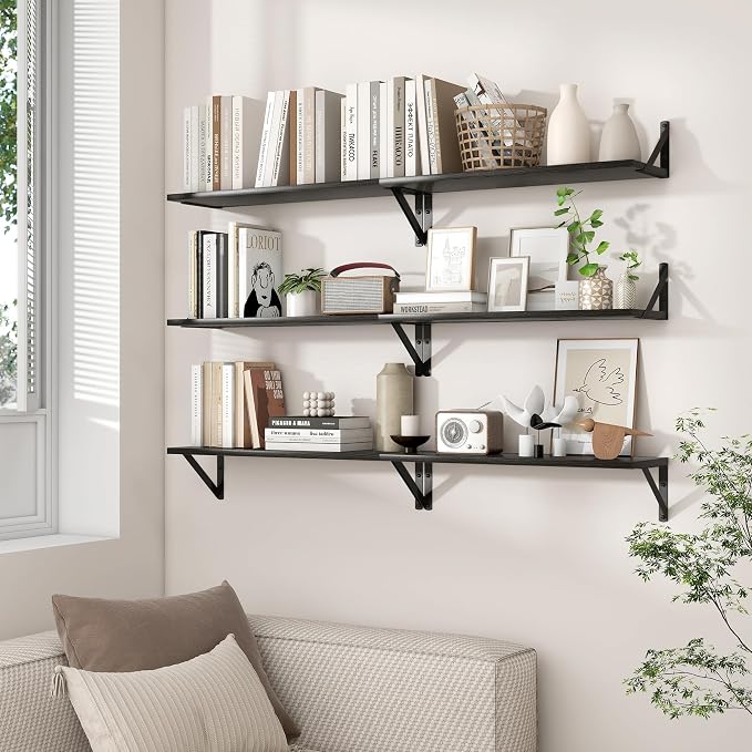 Axeman 48 Inch Black Floating Bookshelf Set of 2 | 8 Inch Deep Floating Shelves for Wall, Rustic Black Wood Shelves for Living Room Home Office Bathroom Bedroom