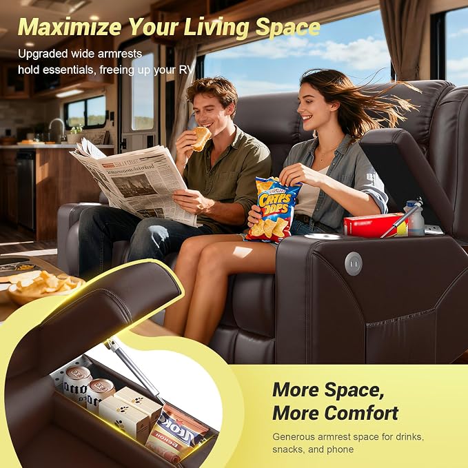 RV Loveseat Recliner Sofa, Reclining Loveseat Home Theater Seating with USB Ports, Cup Holders, Insert Pockets, Wall Hugger RV Recliners for Movie Room, Recline Movie Seats Gaming Sofa, Brown