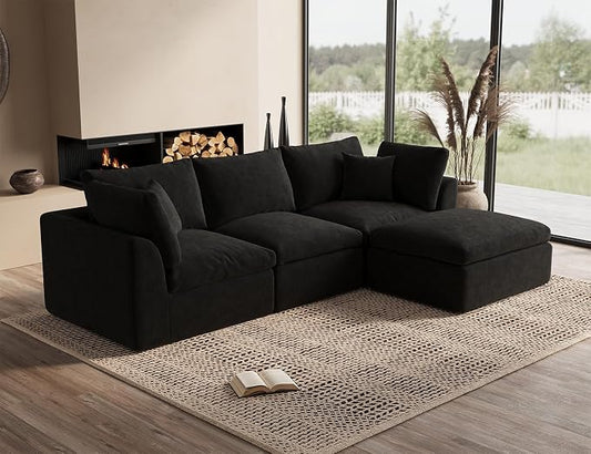 ohllob 110" Cloud Sectional Couches for Living Room, Boneless L-Shape Couch with Ottoman, 3 Seater Modular Sectional Sofa, Black
