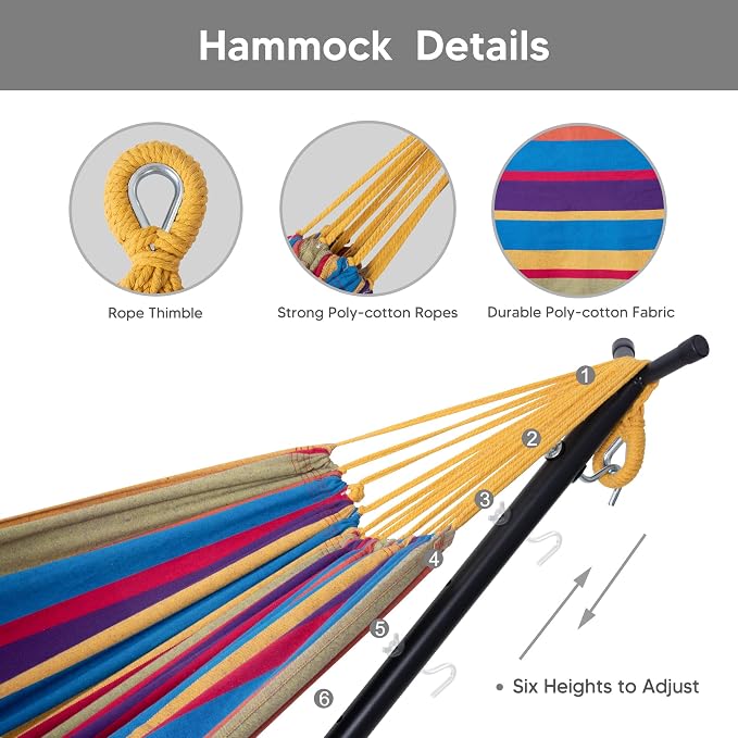 SUNCREAT 2-in-1 Convertible Backyard Fabric Hammock with Stand, Large Hammocks for Outside, Patented, Rainbow