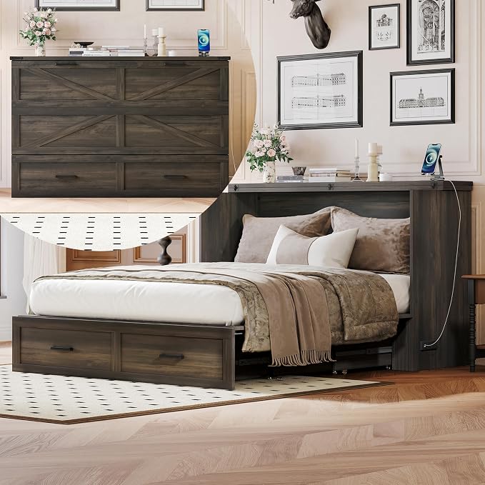 Merax Farmhouse Wood Murphy Bed Chest with Charging Station, Foldable Wall Platform Bed with Storage Drawer/Space Saving/Wood Slat Support/Full, Gray