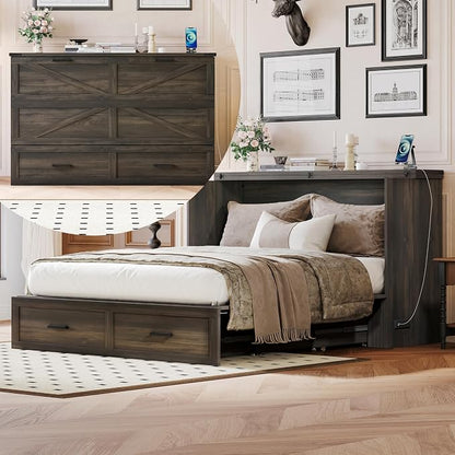 Merax Farmhouse Wood Murphy Bed Chest with Charging Station, Foldable Wall Platform Bed with Storage Drawer/Space Saving/Wood Slat Support/Full, Gray