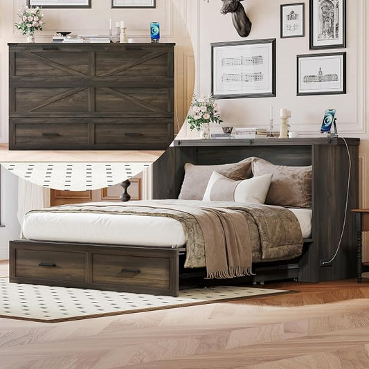 Merax Farmhouse Wood Murphy Bed Chest with Charging Station, Foldable Wall Platform Bed with Storage Drawer/Space Saving/Wood Slat Support/Full, Gray