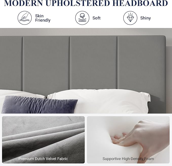Allewie Full Size Dutch Velvet Upholstered Platform Bed Frame/Vertical Channel Tufted Adjustable Headboard/Low Profile Bed Frame/No Box Spring Needed/Easy Assembly/Grey