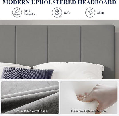 Allewie Full Size Dutch Velvet Upholstered Platform Bed Frame/Vertical Channel Tufted Adjustable Headboard/Low Profile Bed Frame/No Box Spring Needed/Easy Assembly/Grey