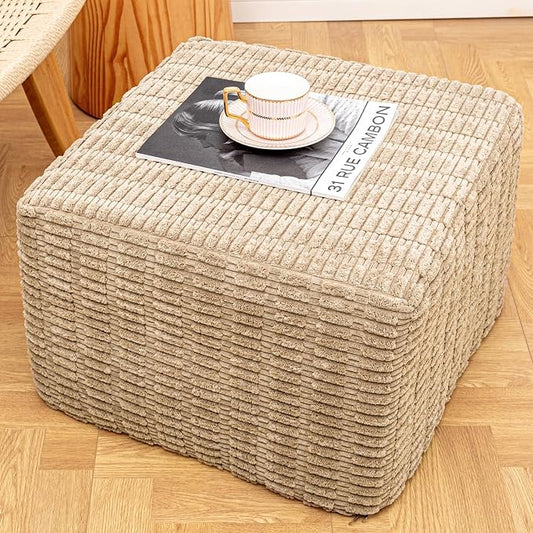 Asuprui Round Square Pouf Ottoman Foot Rest – Lightweight Modern Footstool with Plush Foam Filling, Perfect for Living Room Decor & Cozy Comfort – 20x20x14 Inch Chic Accent Piece (Light Coffee)