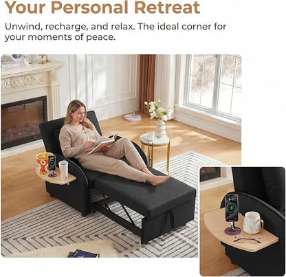 3-in-1 Convertible Sleeper Bed, Pull Out Single Sofa Bed with Adjustable Backrest, Foldable Recliner Sofa with Side Table & USB Port, Sleeper Chair for Living Room, Home Office, Black