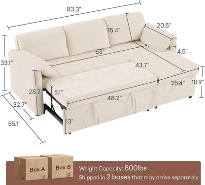 Tbfit 83'' Sleeper Sofa Bed with USB & Storage Chaise, Convertible Pull Out Sofa Bed, Couches for Living Room, Dorm, RV, Small Spaces, White Sherpa