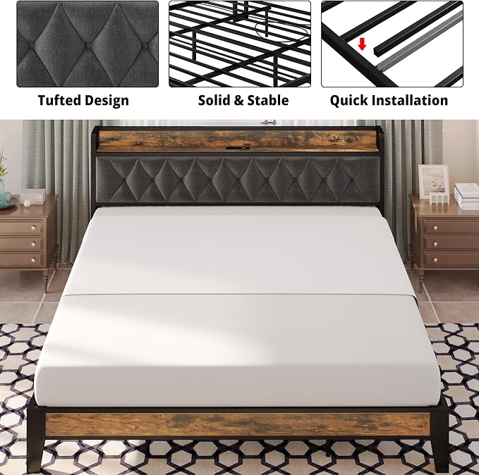 ANCTOR King Bed Frame, Upholstered Tufted Headboard, Storage Shelves & Charging Station, No Box Springs Needed, Sturdy, Noise-Free, Modern Vintage Style