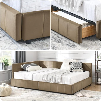 KEIKI Full Size L Shape Corner Bed Frames with 2 Storage Drawer, Backrest and Armrests, Velvet Upholstered Sofa Daybed for Small Room, Living Room, Bedroom, Guest Room, Kids' Room