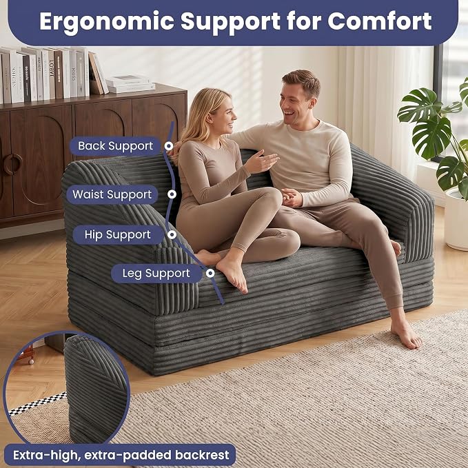 JUIKURY Convertible Sofa Bed, 3-in-1 Foldable Loveseat Couch with Armrest, Corduroy Floor Sofa & Sleeper Bed, No Assembly High-Density Foam Futon Mattress for Living Room, Small Apartment, Dorm